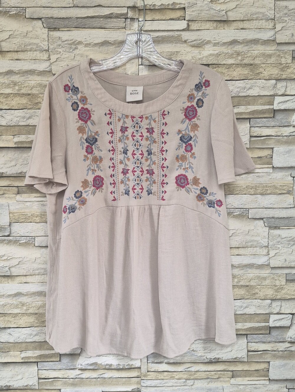 Knox Rose Blouse Size Large Beige Floral Embroidered Short Sleeve Bohemian
